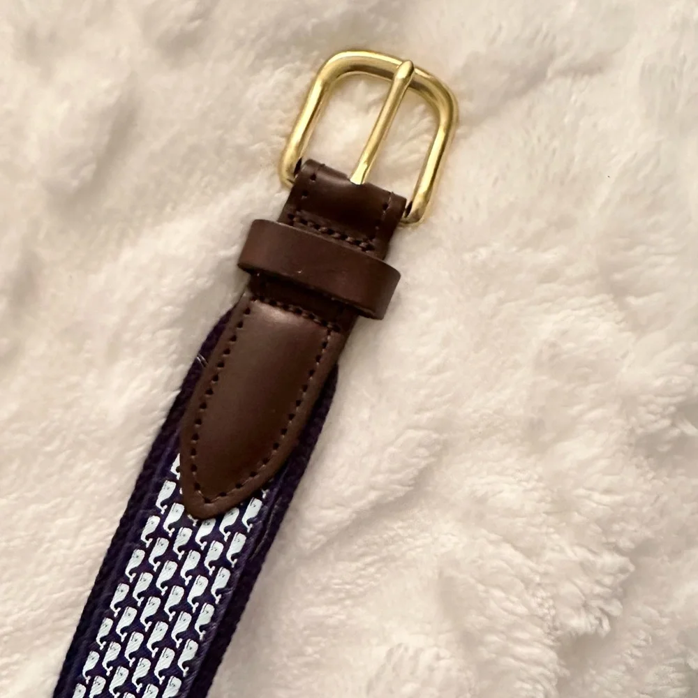 Vineyard Vines Boys Navy Whale Print Belt with Brown Leather & Gold Buckle NWOT